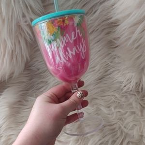 Summer Always Plastic Stemmed Wine Glass W/ Straw